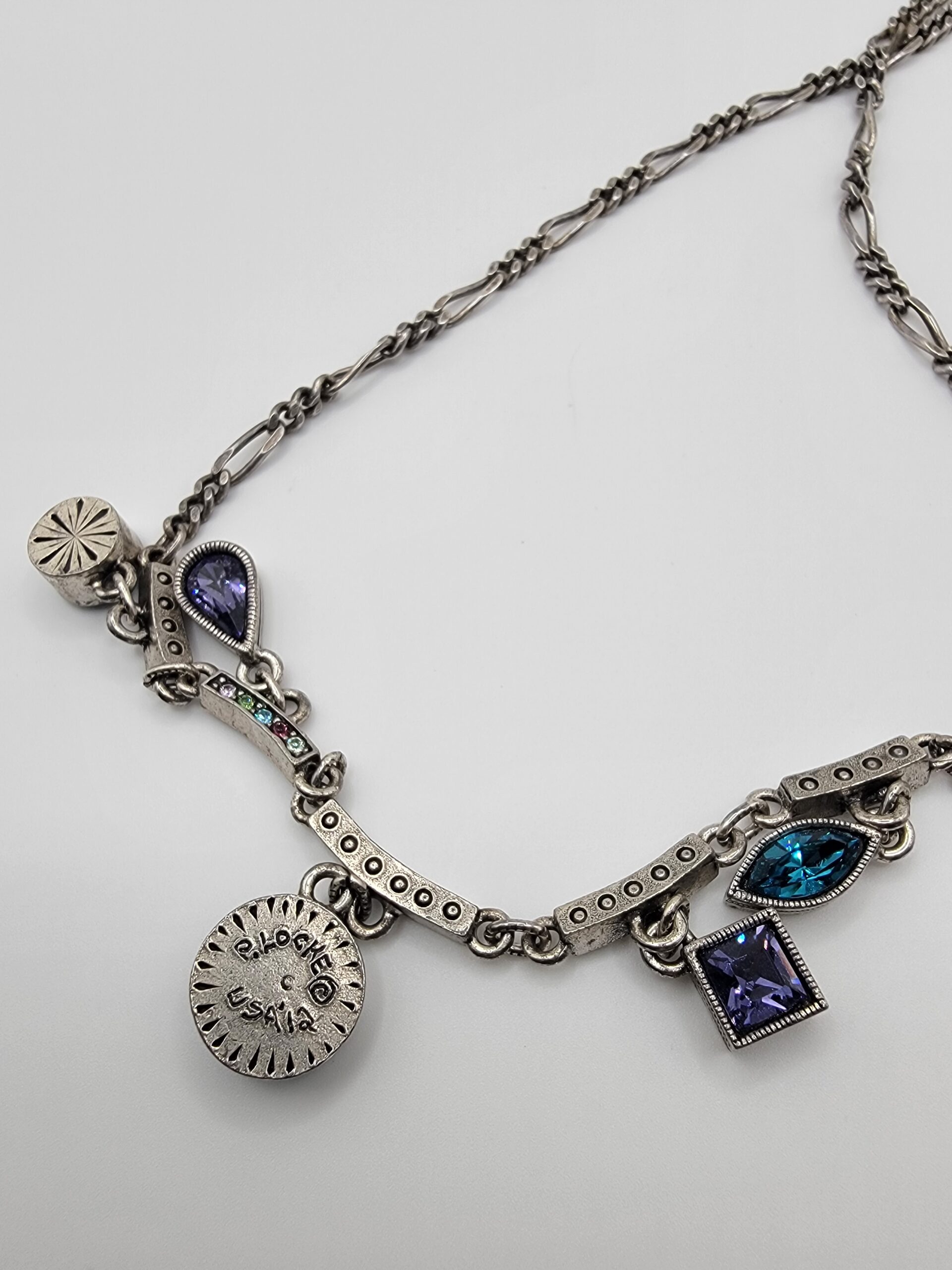 Patricia Locke Silver Tone Swarovski Crystal Drop Necklace 17" Blue Purple Signed - Image 4