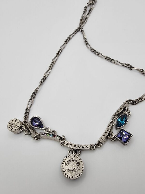 Patricia Locke Silver Tone Swarovski Crystal Drop Necklace 17" Blue Purple Signed