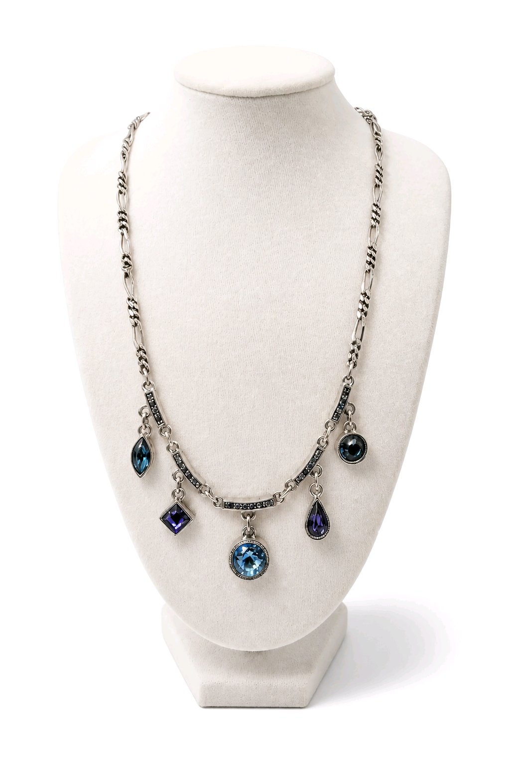 Patricia Locke Silver Tone Swarovski Crystal Drop Necklace 17" Blue Purple Signed