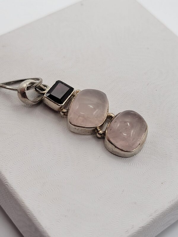 Garnet and Rose Quartz Three-Stone 925 Sterling Silver Pendant