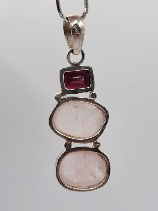 Garnet and Rose Quartz Three-Stone 925 Sterling Silver Pendant