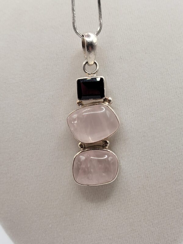 Garnet and Rose Quartz Three-Stone 925 Sterling Silver Pendant