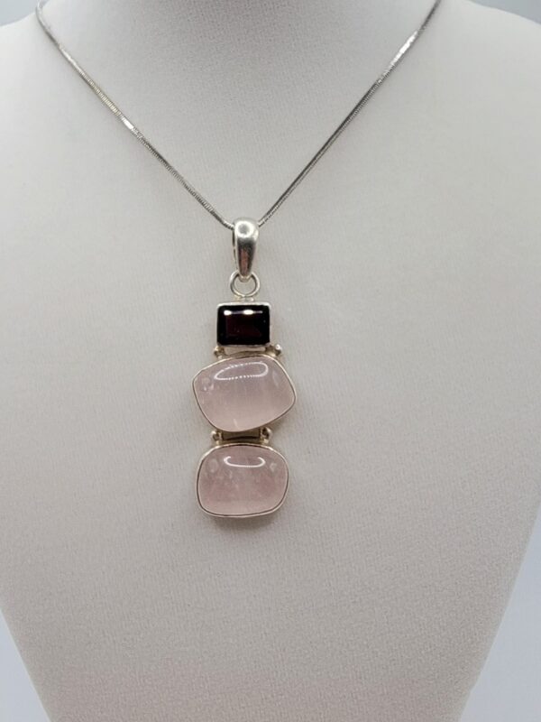 Garnet and Rose Quartz Three-Stone 925 Sterling Silver Pendant