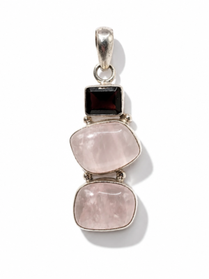 PEN-00001-WEB Garnet and Rose Quartz Three-Stone 925 Sterling Silver Pendant