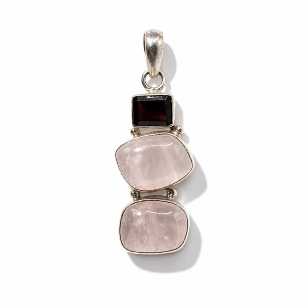 Garnet and Rose Quartz Three-Stone 925 Sterling Silver Pendant