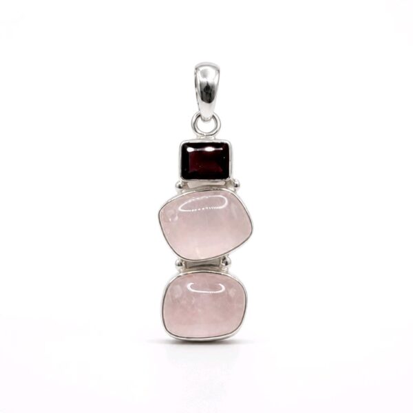 Garnet and Rose Quartz Three-Stone 925 Sterling Silver Pendant