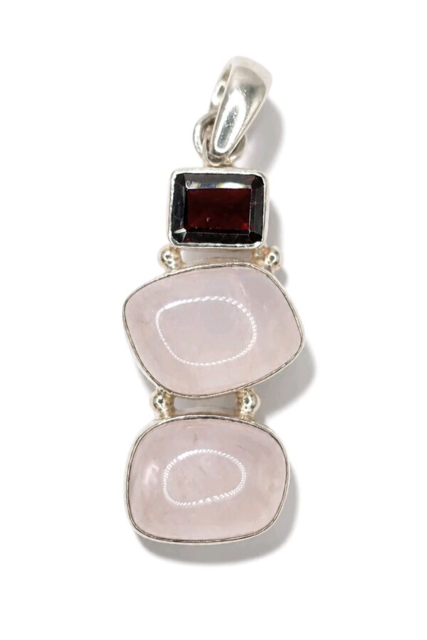 Garnet and Rose Quartz Three-Stone 925 Sterling Silver Pendant