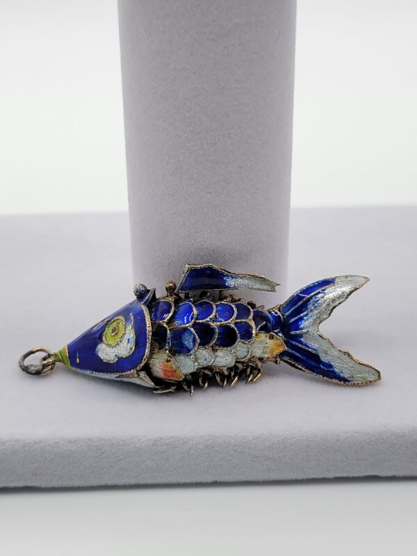 PEN-00007 (1) Blue Enamel Articulated Fish Pendant with Multicolor Details