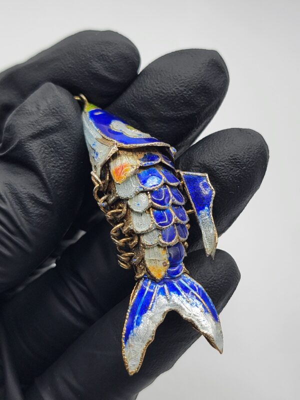 PEN-00007 (2) Blue Enamel Articulated Fish Pendant with Multicolor Details