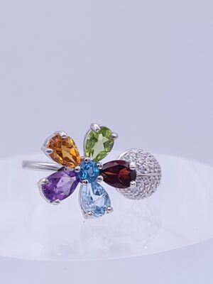 Multicolor Gemstone Flower Sterling Silver Ring Size 6.5