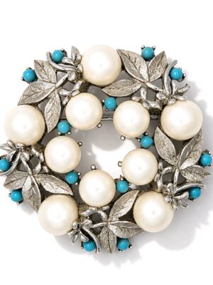Sarah Coventry Alaskan Summer Faux Pearl and Blue Bead Wreath Brooch