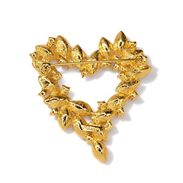 Monet Green and Clear Rhinestone Open Heart Brooch in Gold Tone