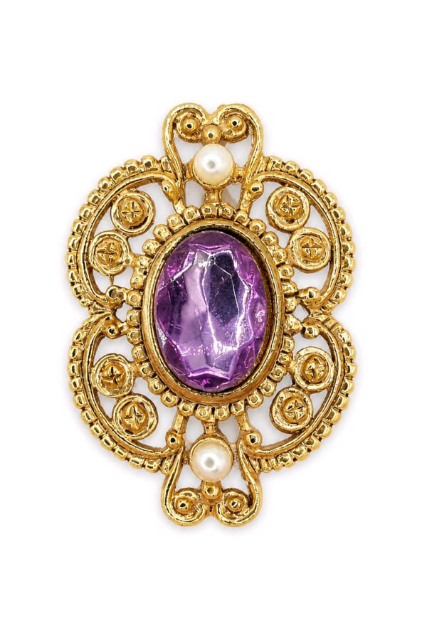 BRO-00010-web Vintage Purple Crystal Faux Pearl Gold Tone Filigree Brooch