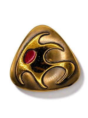 BRO-00014-WEB Hogan-Bolas Abstract Gold-Tone Triangle Brooch with Red Accent