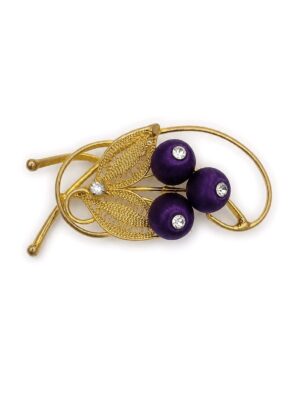 Vintage 1950s Cannetille Filigree Floral Brooch with Purple Satin Beads