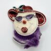 Red Hat Lady Portrait Brooch with Purple Scarf and Faulty Clasp