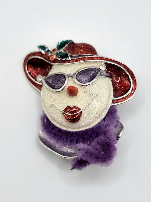 Red Hat Lady Portrait Brooch with Purple Scarf and Faulty Clasp