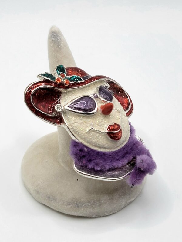 Red Hat Lady Portrait Brooch with Purple Scarf and Faulty Clasp