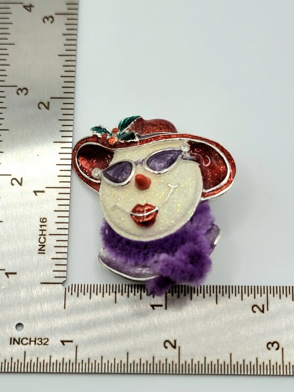Red Hat Lady Portrait Brooch with Purple Scarf and Faulty Clasp