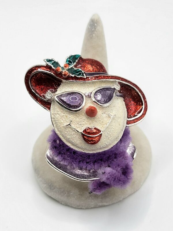 Red Hat Lady Portrait Brooch with Purple Scarf and Faulty Clasp
