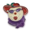 Red Hat Lady Portrait Brooch with Purple Scarf and Faulty Clasp