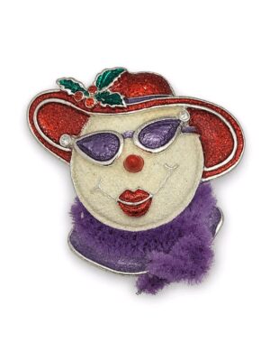 Red Hat Lady Portrait Brooch with Purple Scarf and Faulty Clasp