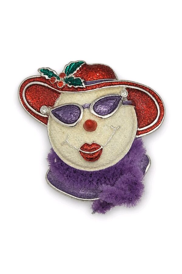 Red Hat Lady Portrait Brooch with Purple Scarf and Faulty Clasp