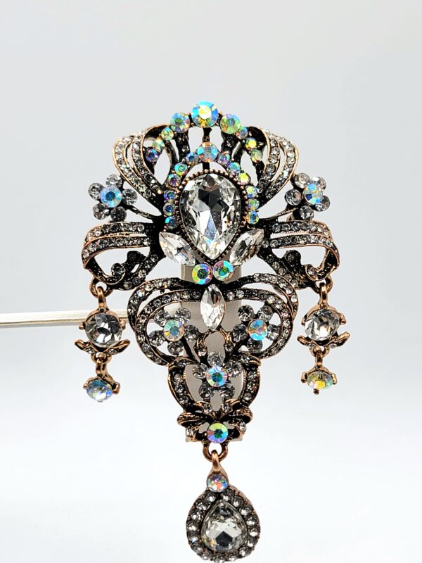 Vintage Style Antique Gold Rhinestone & Aurora Borealis Dangle Brooch Pin