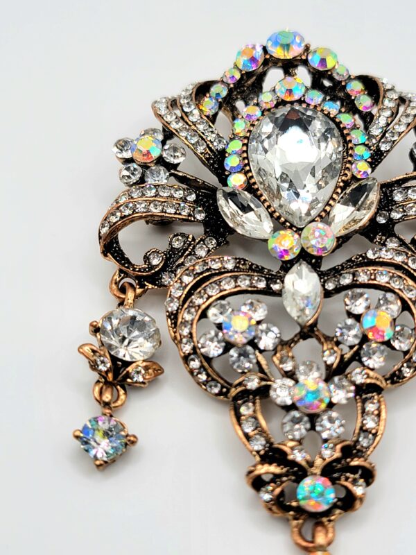 Vintage Style Antique Gold Rhinestone & Aurora Borealis Dangle Brooch Pin