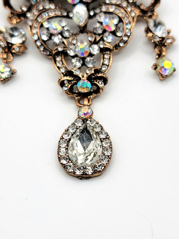Vintage Style Antique Gold Rhinestone & Aurora Borealis Dangle Brooch Pin