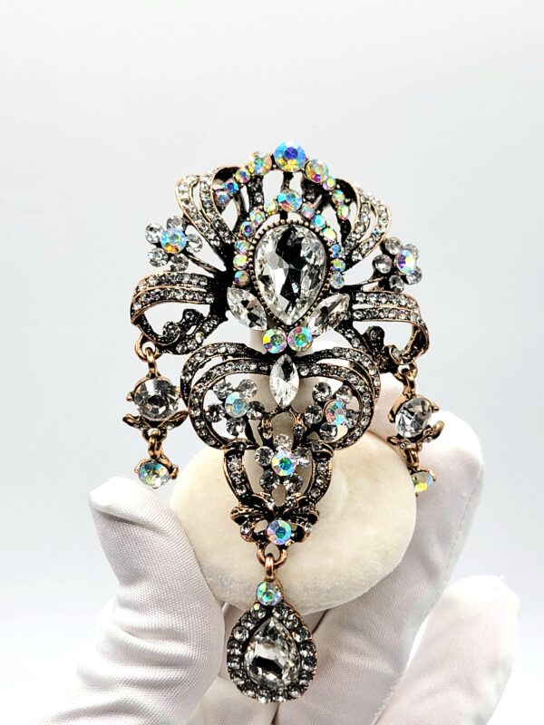 Vintage Style Antique Gold Rhinestone & Aurora Borealis Dangle Brooch Pin
