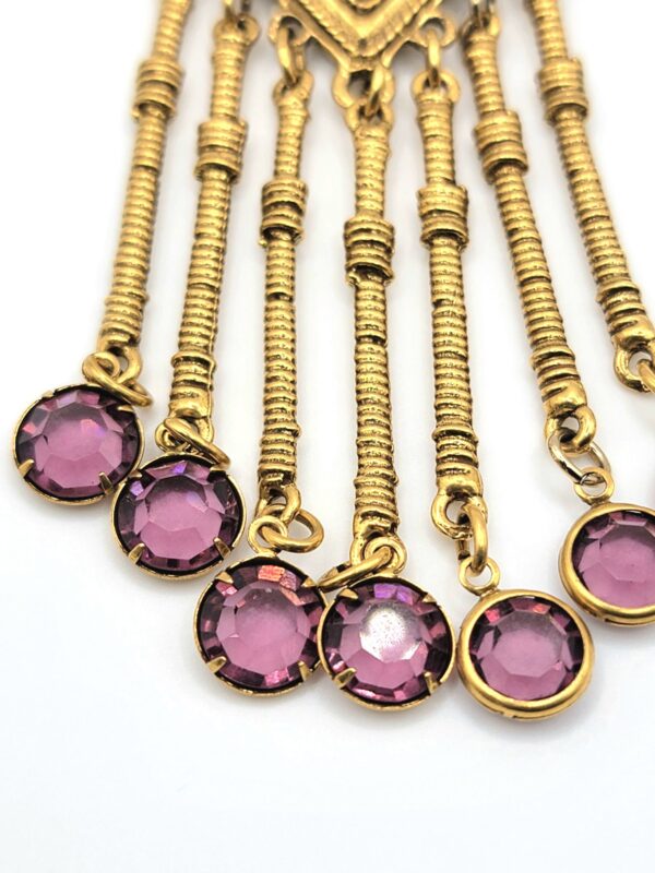Goldette Purple Glass Triangle Brooch with Seven Fringe Drops