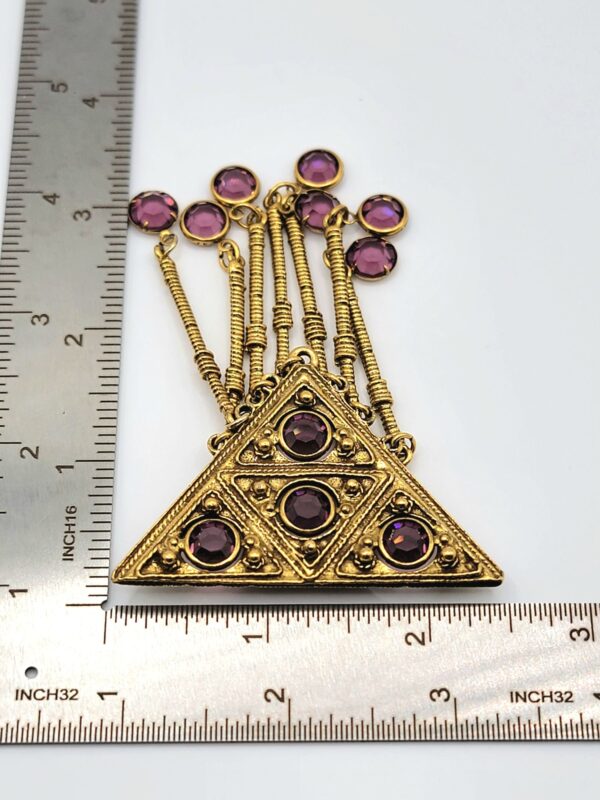 Goldette Purple Glass Triangle Brooch with Seven Fringe Drops