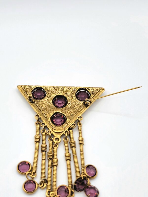 Goldette Purple Glass Triangle Brooch with Seven Fringe Drops