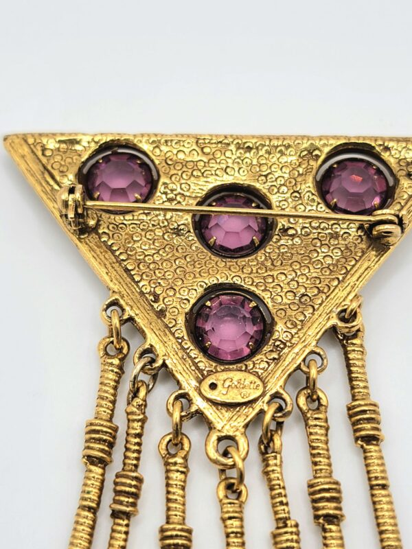Goldette Purple Glass Triangle Brooch with Seven Fringe Drops