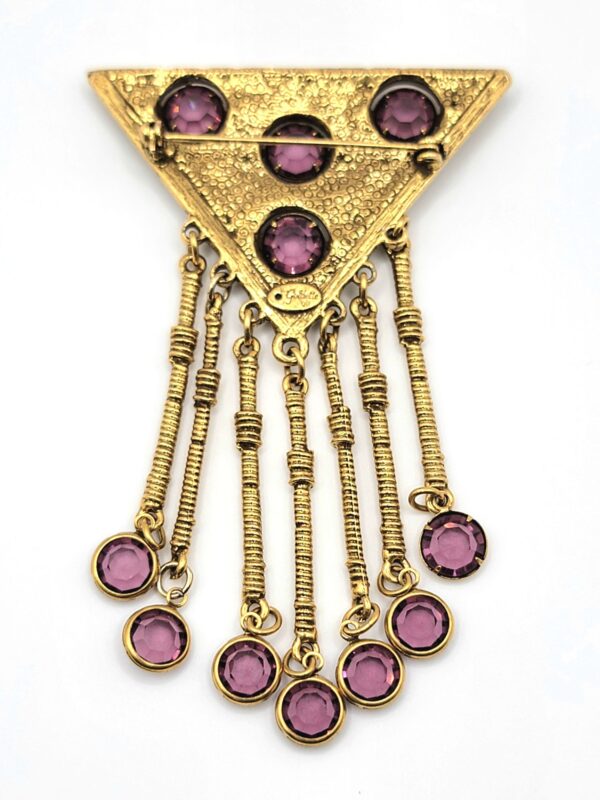 Goldette Purple Glass Triangle Brooch with Seven Fringe Drops