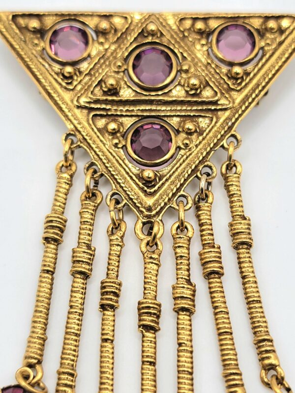 Goldette Purple Glass Triangle Brooch with Seven Fringe Drops