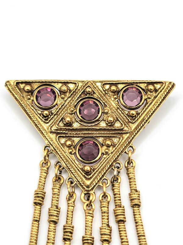 Goldette Purple Glass Triangle Brooch with Seven Fringe Drops