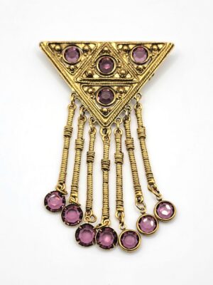 Goldette Purple Glass Triangle Brooch with Seven Fringe Drops