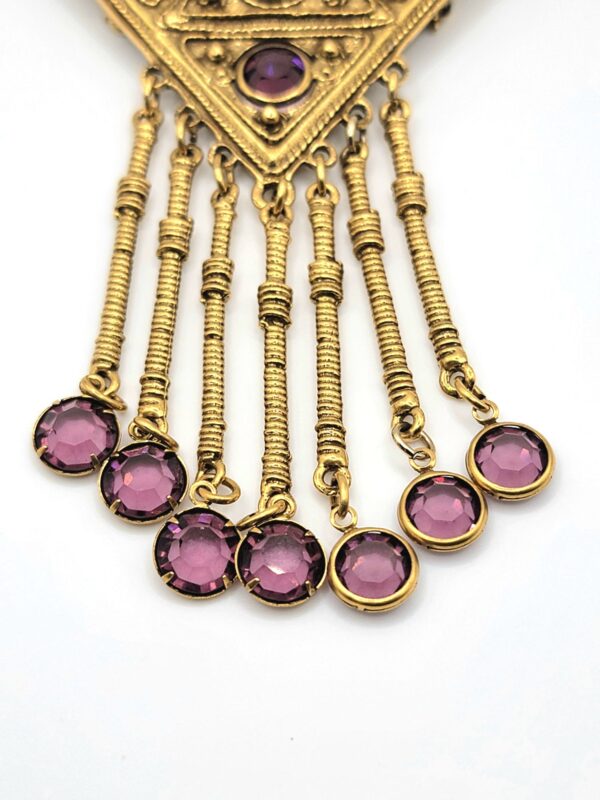 Goldette Purple Glass Triangle Brooch with Seven Fringe Drops