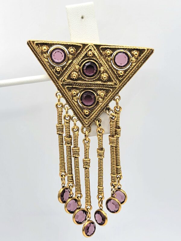 Goldette Purple Glass Triangle Brooch with Seven Fringe Drops