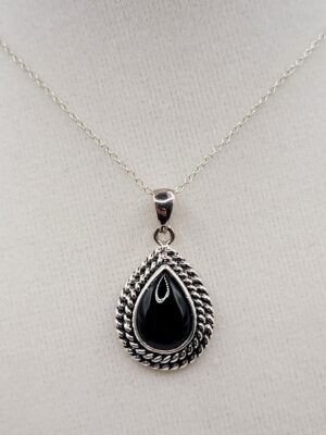 925 Sterling Silver Black Teardrop Pendant Necklace Thailand