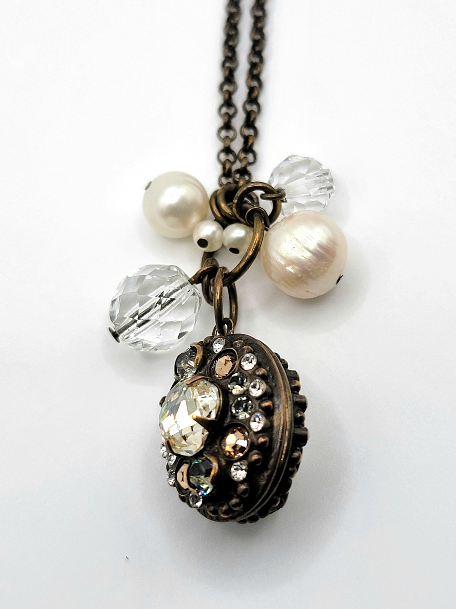 Sorrelli Rhinestone Locket Necklace Pearls Bead Charms