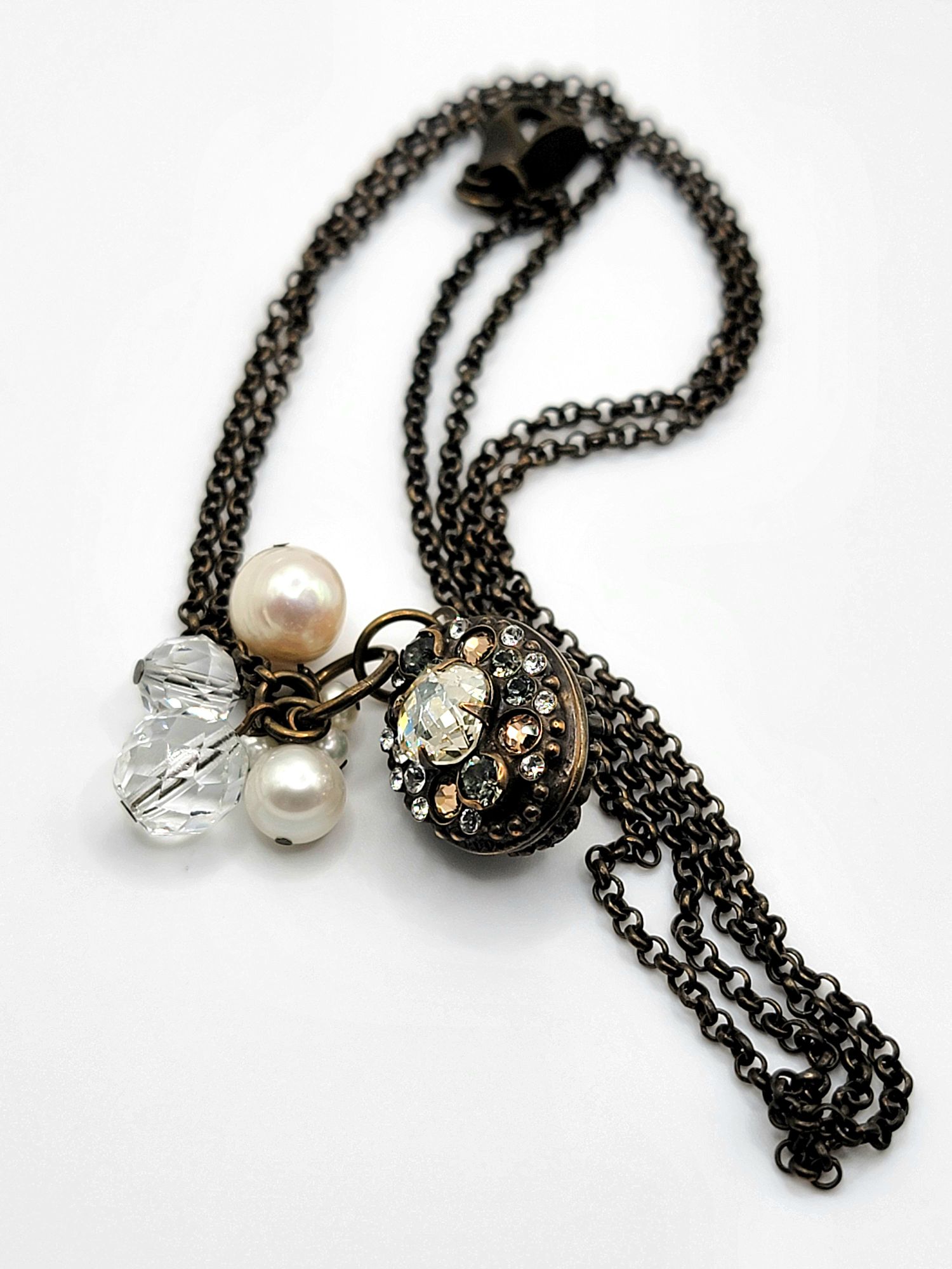 Sorrelli Rhinestone Locket Necklace Pearls Bead Charms