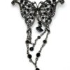 Black Glass Butterfly Brooch with Silver-Tone Chain Fringe