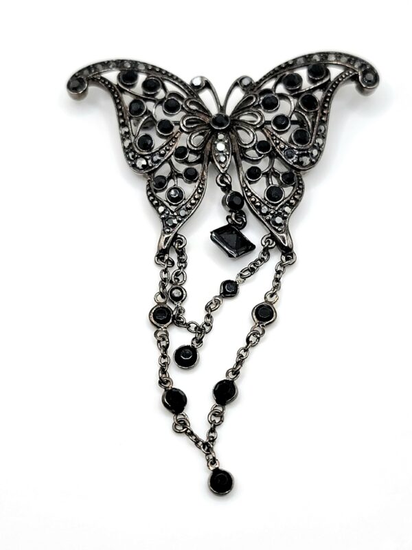 Black Glass Butterfly Brooch with Silver-Tone Chain Fringe
