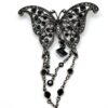 Black Glass Butterfly Brooch with Silver-Tone Chain Fringe