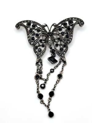 Black Glass Butterfly Brooch with Silver-Tone Chain Fringe