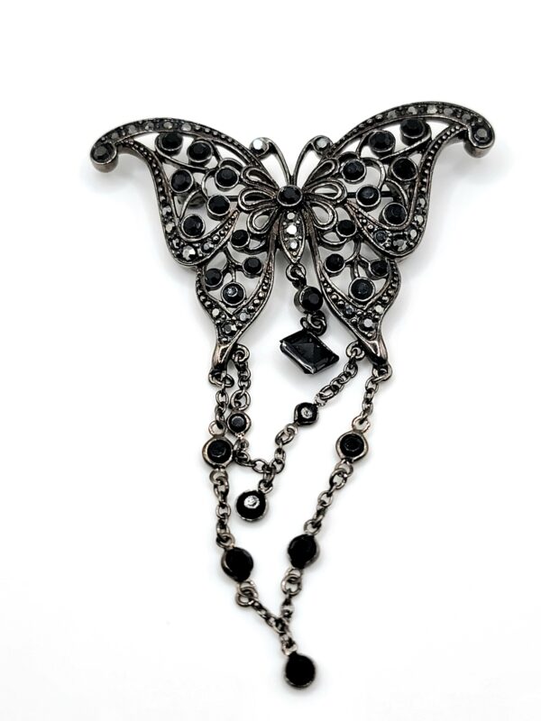 Black Glass Butterfly Brooch with Silver-Tone Chain Fringe