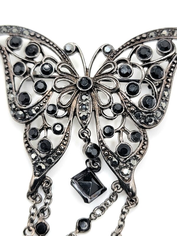 Black Glass Butterfly Brooch with Silver-Tone Chain Fringe
